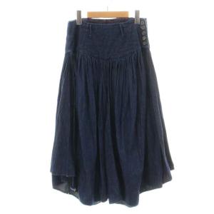 スカーチョ ワイドパンツ デニム クロップド ギャザー フレア サイドボタン 麻 リネン混 0 XS 紺 ネイビー