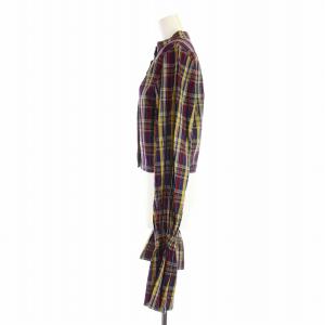 ELIN Plaid puff slv shirt ブラウス シャツ パフスリーブ 長袖 ショート丈 バンドカラー チェック 紺 ネイビー