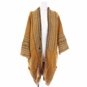 カーディガン ニット リネン混 長袖 総柄 黄色 マスタード