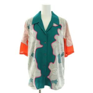 シャツ ブラウス オープンカラー 半袖 花柄 絹 シルク 0 XS 緑 グリーン 赤 レッド