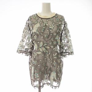 チュールトップス カットソー 半袖 クルーネック プルオーバー シアー 花柄 レース 茶色 ブラウン 白 ホワイト 水色 ライトブルー