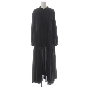21AW サイドギャザーシフォンロングワンピース マキシ バンドカラー 長袖 F 黒 ブラック 21040462900030