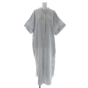 コットンポプリン5分袖ワンピース BL C POPLIN FRL/CL ロング マキシ バンドカラー リボン ストライプ F