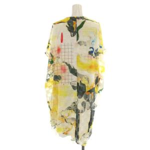 Chalayan チュニック ブラウス ロング フレンチスリーブ Vネック 総柄 チェック シアー シースルー アシンメトリー 38 M 黄色