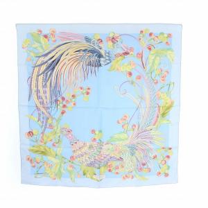 スカーフ 総柄 鳥 水色 ライトブルー