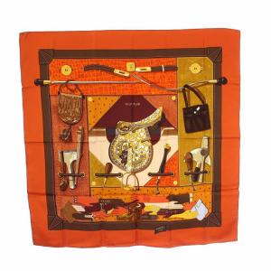 カレ90 TOUT CUIR すべて革 スカーフ 絹 シルク100％ オレンジ