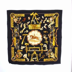 カレ90 Copeaux おがくず スカーフ 絹 シルク100％ 黒 ブラック