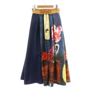 Ameri VINTAGE PATTY FLARE SKIRT フレアスカート ロング マキシ 柄 プリント サテン タック F 紺 ネイビー マルチカラー