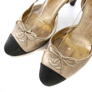 CHANEL サンダル パンプス ストラップ レザー ラウンドトゥ 切替 ココマーク リボン ハイヒール 36.5 23.5cm ベージュ