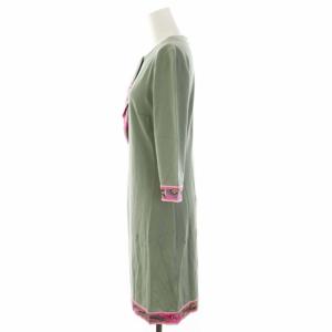 LEONARD FASHION ワンピース ミニ ライン 花柄 七分袖 38 M 緑 グリーン ピンク