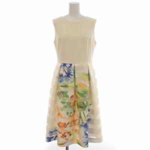 ボーダージャガードフラワーワンピース フレア ひざ丈 ノースリーブ シースルー 花柄 38 M 白 ホワイト 27135208-0