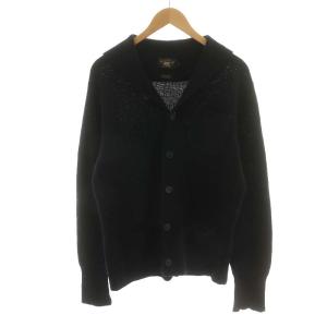 カーディガン ショールカラー リネン混 麻混 M 黒 ブラック
