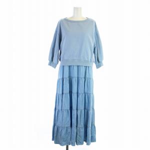 21SS 2点セット ティアードワンピース フレア ロング マキシ ノースリーブ トレーナースウェット 五分袖 クルーネック