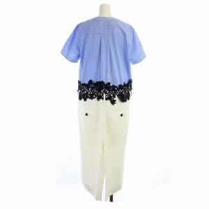 sacai 21SS ショルダージップドッキング ワンピース 半袖 刺繍 1 ブルー ホワイト 21-05594