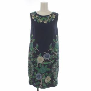 タイトワンピース ひざ丈 ノースリーブ 花柄 刺繍 シルク 36 S 青 ブルー