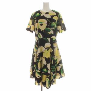 ビッグフラワーワンピース フレアワンピース ひざ丈 花柄 半袖 38 M 黒 ブラック 黄色 イエロー 15231165