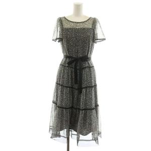 ワンピース ひざ丈 半袖 花柄 総柄 シアー 36 S グレー 黒 ブラック