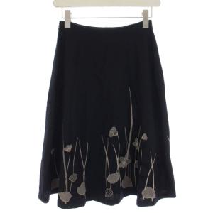 SYBILLA フレアスカート ひざ丈 花柄 刺繍 ウール M 黒 ブラック