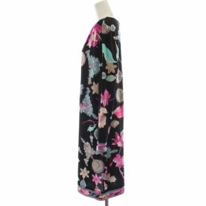 LEONARD FASHION ワンピース ドレス ひざ丈 花柄 ビジュー柄 長袖 38 ブラック マルチカラー