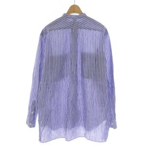 SHIPS Herdmans シャツ ストライプ バンドカラー コットンリネン 長袖 M 青 ブルー