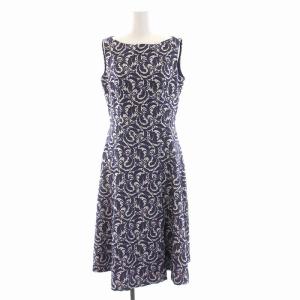 ノースリーブ ワンピース ロング 刺繍 38 M 紺 ネイビー 白