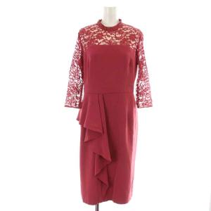 19AW ペプラムドレスワンピース ひざ丈 タイト 七分袖 レース 切替 リボン スタンドカラー シアー シースルー 38