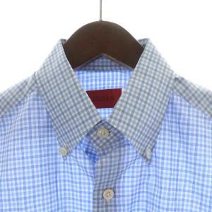 ISAIA ボタンダウンシャツ ワイシャツ ドレスシャツ 長袖 チェック 40 M?L 青 ブルー 白 ホワイト