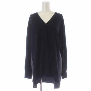 19AW サテンクロスコンビ カーディガン ニット 長袖 ウール チュニック丈 切替 Vネック バイカラー 大きいサイズ 44