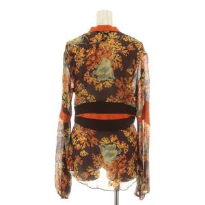 VIVIENNE TAM ブラウス 長袖 Vネック シアー シースルー 花柄 総柄 絹 シルク 1 M 茶 ブラウン オレンジ マルチカラー