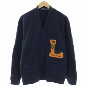 フリースカーディガン Vネック 長袖 ロゴワッペン 刺繍 L 紺 ネイビー オレンジ
