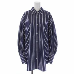 23AW CPポプリンターンナップカフシャツ ブラウス 長袖 ストライプ柄 F 紺 ネイビー 白 ホワイト 23050400905030