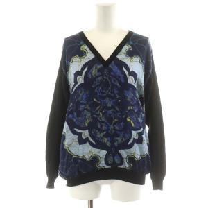 ニット カットソー 長袖 柄 ウール シルク XS 黒 ブラック 青 ブルー