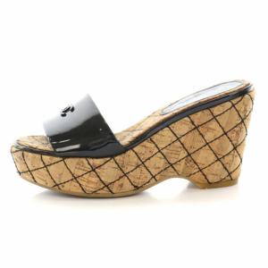 ミュール サンダル ココマーク ウェッジソール キルティング エナメル 35.5 22cm ブラック