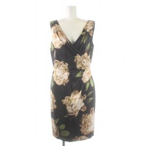 サテンローズワンピース ミニドレス ひざ丈 カシュクール ノースリーブ 総柄 38 M 黒 ブラック ベージュ 緑 グリーン