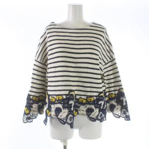 マルチレースヘムトップス カットソー ボートネック プルオーバー 七分袖 ボーダー 花柄 刺繍 36 S 白 ホワイト 紺