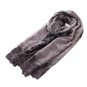 ストール マフラー レース 花柄 ウール 紫 パープル 黒 ブラック