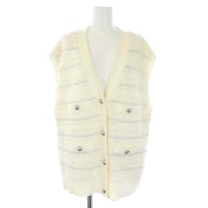 23AW ツイードVネックニットベスト ジレ ボーダー 36 S 白 アイボリー シルバー