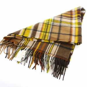 OLD ENGLAND Joshua Ellis ビンテージルックマフラー チェック カシミヤ フリンジ 茶 ブラウン 黄 イエロー 51741021