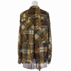 Lois CRAYON シャツ ブラウス 長袖 バンドカラー チェック チェーン ベルト M 茶 ブラウン