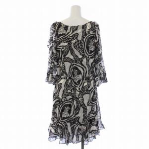 DIANE von FURSTENBERG ワンピース ひざ丈 七分袖 総柄 ウエストリボン シルク 4 M 黒 ブラック 白 ホワイト