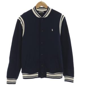 POLO RALPH LAUREN スウェットスタジャン スカジャン ブルゾン ジャケット ロゴ刺繍 トラ 裏起毛 スナップボタン XL ?? ブルー 紺 ネイビー