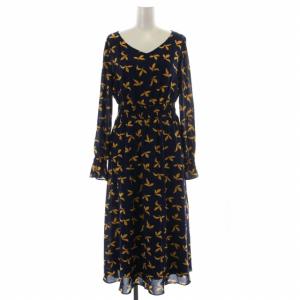 タグ付き ワンピース フレア ロング シアー Vネック 葉っぱ柄 長袖 ペチコート付き 36 S 紺 ネイビー