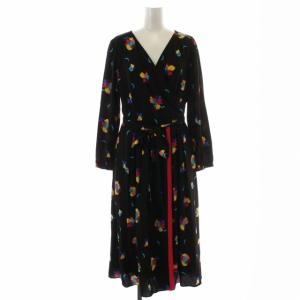 ワンピース フレア ひざ丈 花柄 カシュクール リボンベルト 長袖 36 S 黒 ブラック
