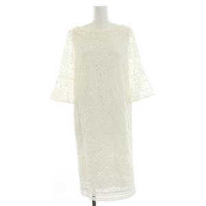 ストレートワンピース ひざ丈 花柄 総レース 七分袖 36 S 白 ホワイト
