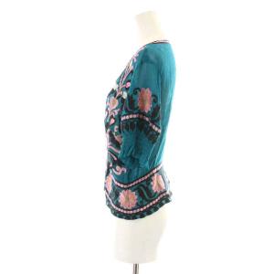 GRACE CONTINENTAL 刺繍半袖トップ ブラウス Vネック パフスリーブ シャーリング 総柄 シアー シースルー 36 S 青 ブルー マルチカラー