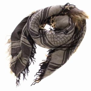 ストール マフラー GG柄 フォックスファー ウール シルク 茶 ブラウン