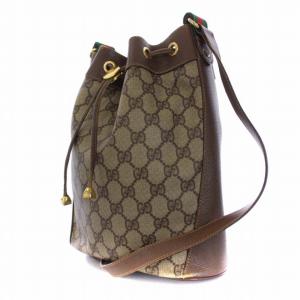 GUCCI オールド ヴィンテージ GG柄 シェリーライン 巾着型 ショルダーバッグ PVC レザー 茶 ブラウン 164.02.034