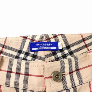 BURBERRY BLUE LABEL ストレートパンツ ジップフライ ノバチェック ウール ロゴ刺繍 34 XS ピンク 白 ホワイト 黒 ブラック