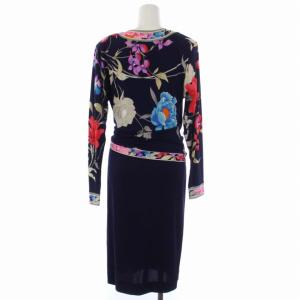 LEONARD FASHION ワンピース 花柄 切替 シルク L ネイビー
