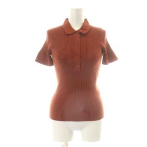 ニットポロシャツ リブ 半袖 ハーフボタン スカラップ XS 茶 ブラウン
